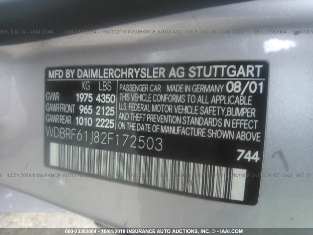 WDBRF61J82F172503 - 2002 MERCEDES-BENZ C 240 SILVER photo 9