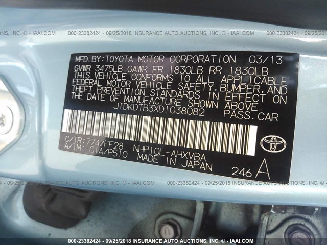 JTDKDTB3XD1038082 - 2013 TOYOTA PRIUS C BLUE photo 9