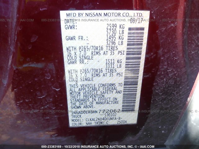 1N6AD0ER6HN772062 - 2017 NISSAN FRONTIER S/SV/SL/PRO-4X RED photo 9