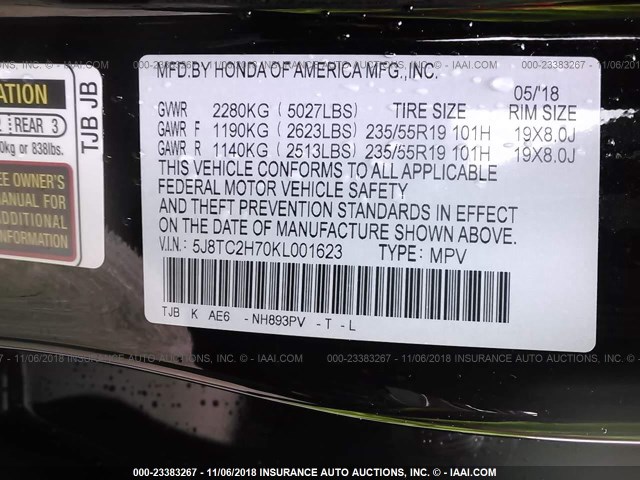 5J8TC2H70KL001623 - 2019 ACURA RDX BLACK photo 9