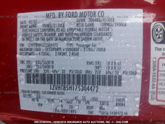 1ZVHT85H175304472 - 2007 FORD MUSTANG GT RED photo 9