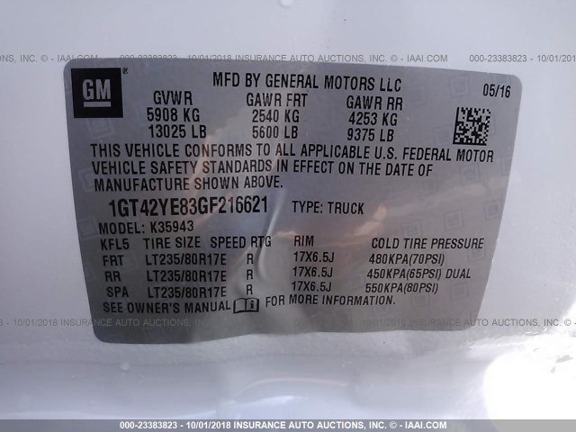 1GT42YE83GF216621 - 2016 GMC SIERRA K3500 DENALI WHITE photo 9