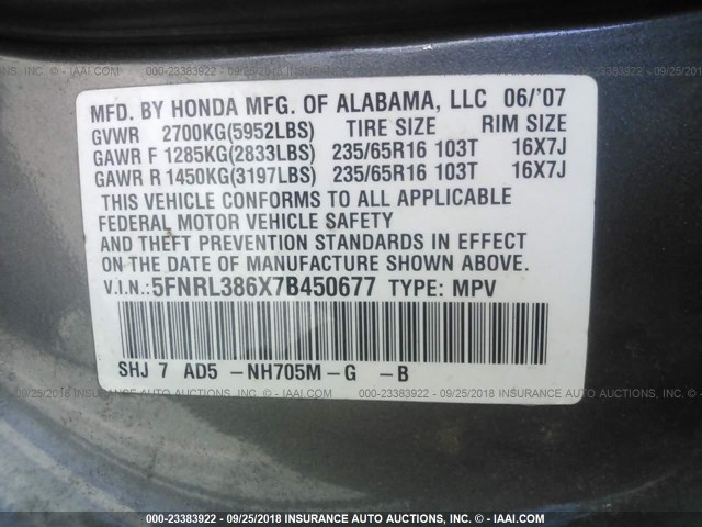 5FNRL386X7B450677 - 2007 HONDA ODYSSEY EXL GRAY photo 9