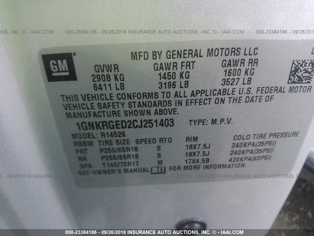 1GNKRGED2CJ251403 - 2012 CHEVROLET TRAVERSE LT SILVER photo 9