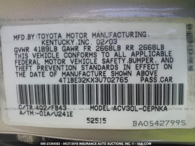 4T1BE32KX3U702765 - 2003 TOYOTA CAMRY LE/XLE/SE BEIGE photo 9