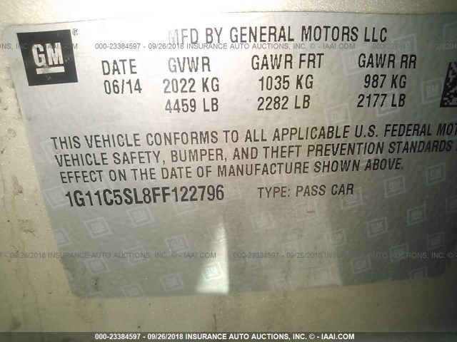 1G11C5SL8FF122796 - 2015 CHEVROLET MALIBU 1LT BEIGE photo 9