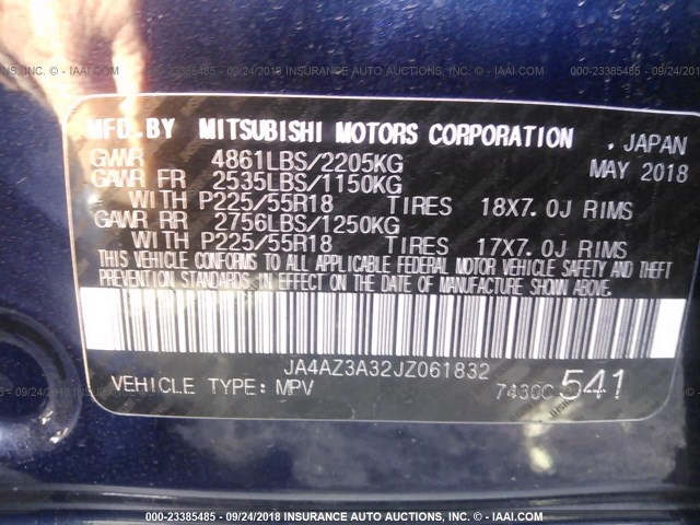 JA4AZ3A32JZ061832 - 2018 MITSUBISHI OUTLANDER SE/SEL Dark Blue photo 9