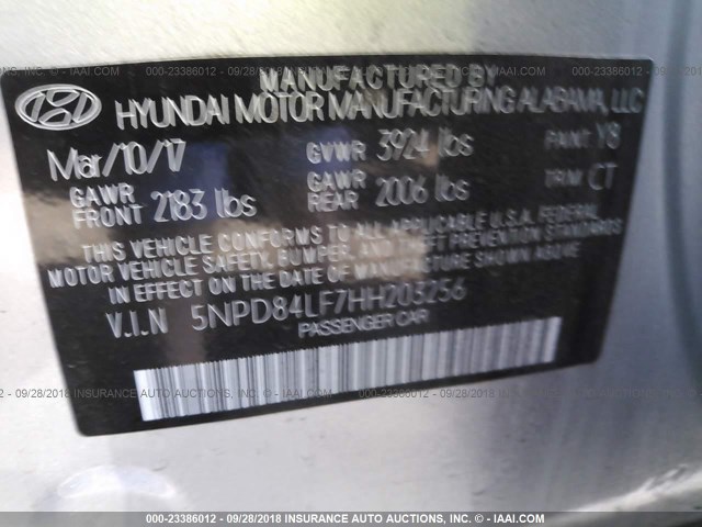 5NPD84LF7HH203256 - 2017 HYUNDAI ELANTRA SE/VALUE/LIMITED SILVER photo 9