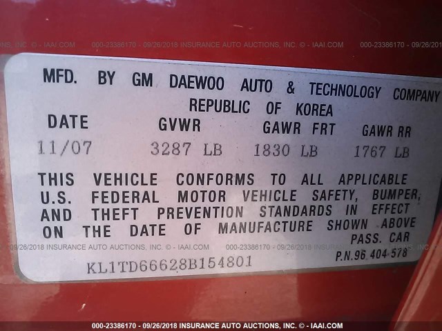 KL1TD66628B154801 - 2008 CHEVROLET AVEO LS RED photo 9