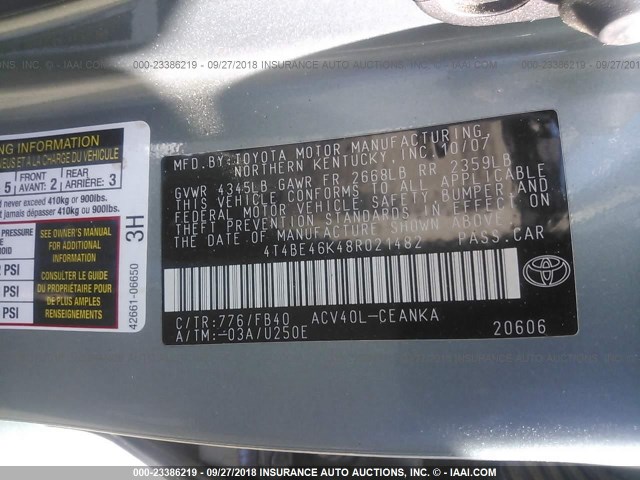 4T4BE46K48R021482 - 2008 TOYOTA CAMRY CE/LE/XLE/SE SILVER photo 9