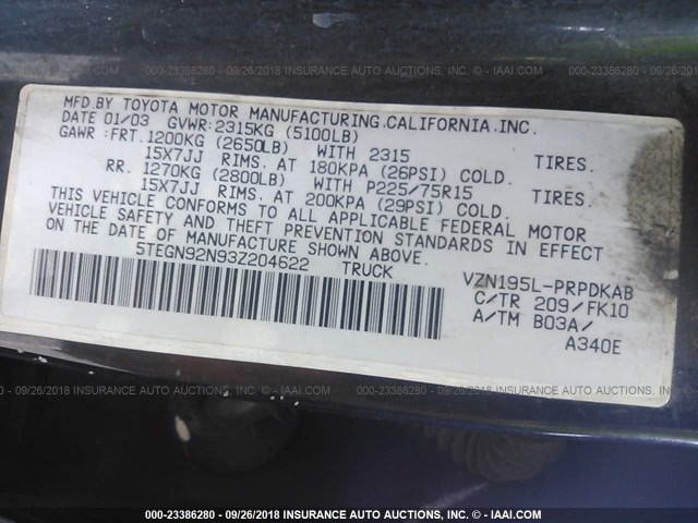 5TEGN92N93Z204622 - 2003 TOYOTA TACOMA DOUBLE CAB PRERUNNER BLACK photo 9