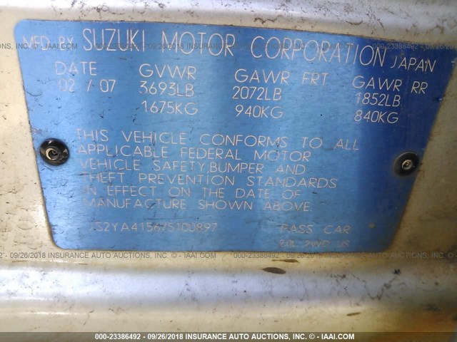 JS2YA415675100897 - 2007 SUZUKI SX4 SILVER photo 9