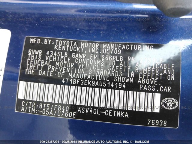 4T1BF3EK9AU514194 - 2010 TOYOTA CAMRY SE/LE/XLE BLUE photo 9