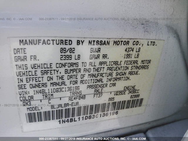 1N4BL11D83C136196 - 2003 NISSAN ALTIMA SE WHITE photo 9