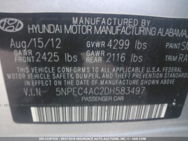 5NPEC4AC2DH583497 - 2013 HYUNDAI SONATA SE/LIMITED SILVER photo 9