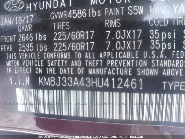 KM8J33A43HU412461 - 2017 HYUNDAI TUCSON LIMITED/SPORT AND ECO/SE BURGUNDY photo 9