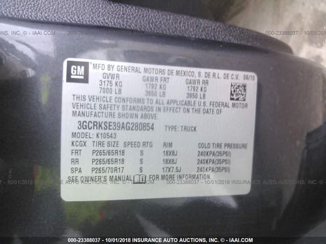 3GCRKSE39AG280854 - 2010 CHEVROLET SILVERADO K1500 LT GRAY photo 9