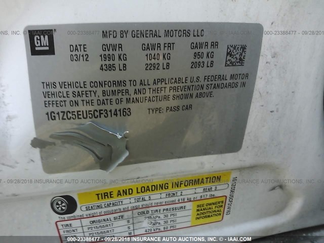 1G1ZC5EU5CF314163 - 2012 CHEVROLET MALIBU 1LT თეთრი ფოტო 9