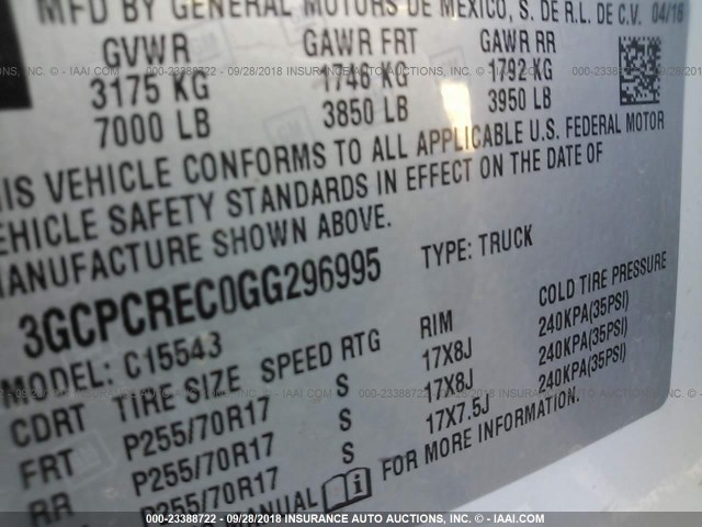 3GCPCREC0GG296995 - 2016 CHEVROLET SILVERADO C1500 LT WHITE photo 9