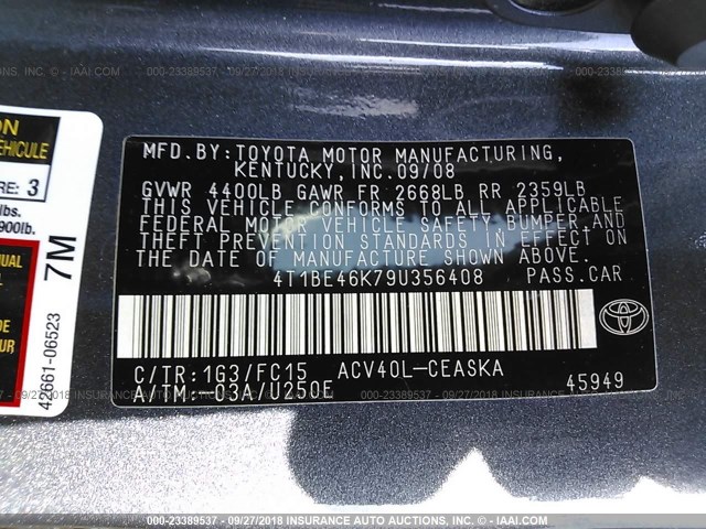 4T1BE46K79U356408 - 2009 TOYOTA CAMRY SE/LE/XLE GRAY photo 9