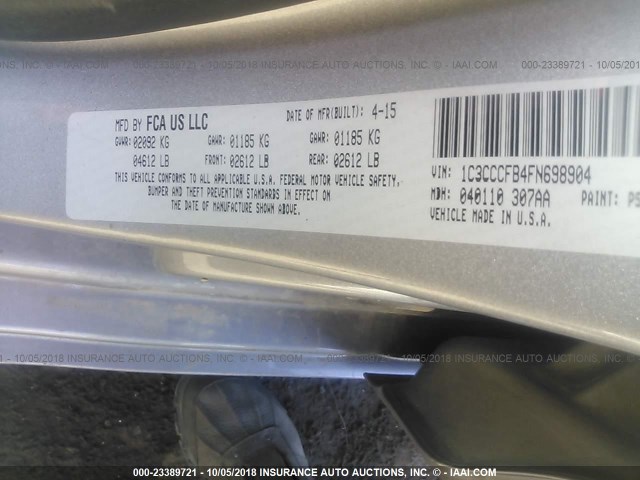 1C3CCCFB4FN698904 - 2015 CHRYSLER 200 LX SILVER photo 9