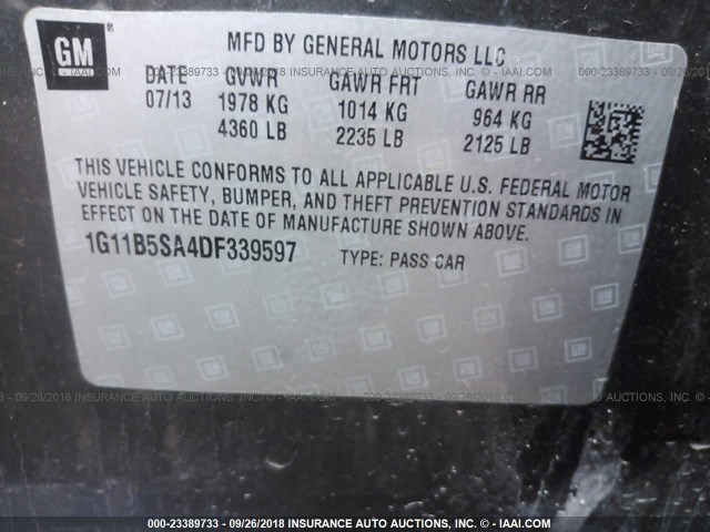 1G11B5SA4DF339597 - 2013 CHEVROLET MALIBU LS 灰色 照片 9