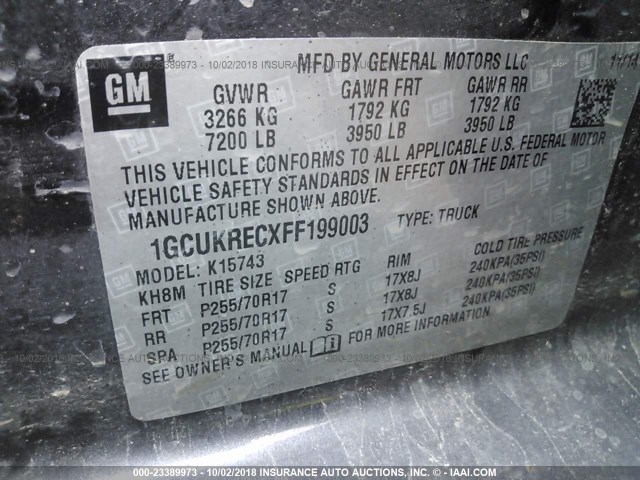 1GCUKRECXFF199003 - 2015 CHEVROLET SILVERADO K1500 LT GRAY photo 9