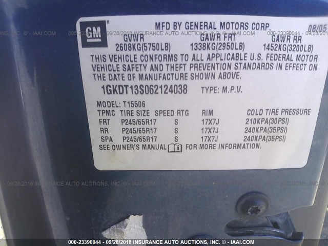 1GKDT13S062124038 - 2006 GMC ENVOY BLUE photo 9