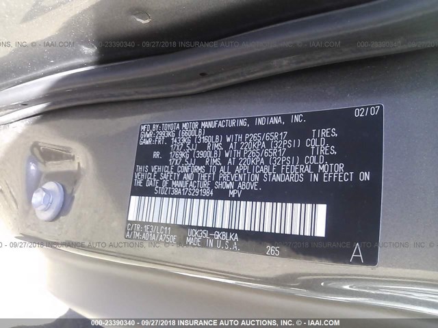 5TDZT38A17S291984 - 2007 TOYOTA SEQUOIA LIMITED GRAY photo 9