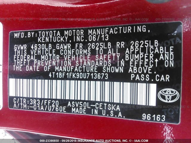 4T1BF1FK9DU713673 - 2013 TOYOTA CAMRY L/SE/LE/XLE წითელი ფოტო 9