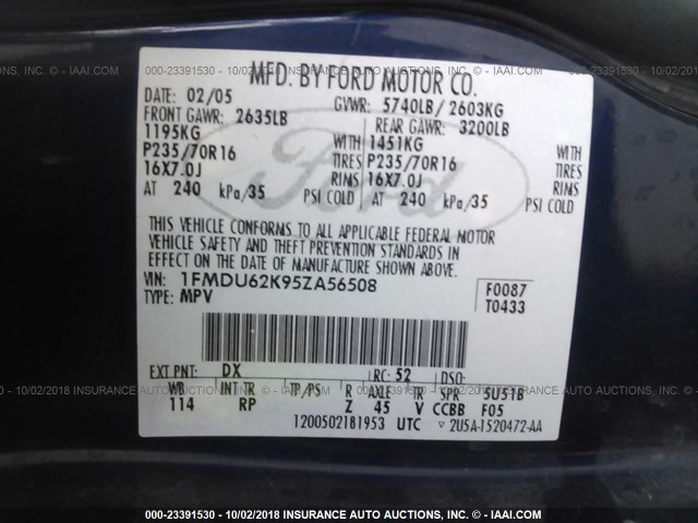 1FMDU62K95ZA56508 - 2005 FORD EXPLORER XLS/XLS SPORT BLUE photo 9