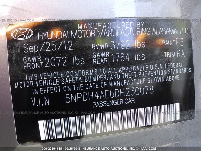 5NPDH4AE6DH230078 - 2013 HYUNDAI ELANTRA GLS/LIMITED GRAY photo 9