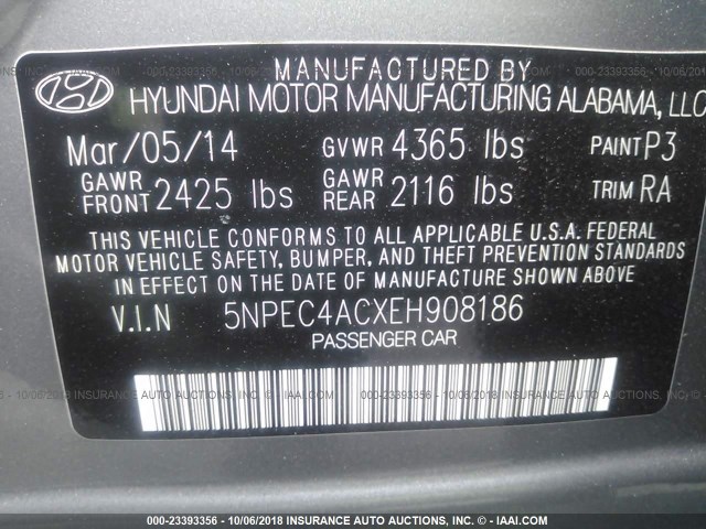 5NPEC4ACXEH908186 - 2014 HYUNDAI SONATA SE/LIMITED GRAY photo 9