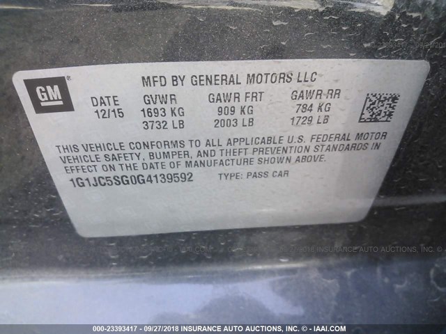 1G1JC5SG0G4139592 - 2016 CHEVROLET SONIC LT GRAY photo 9