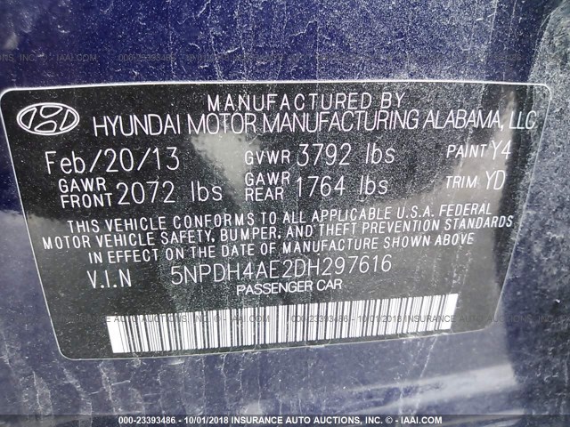 5NPDH4AE2DH297616 - 2013 HYUNDAI ELANTRA GLS/LIMITED BLUE photo 9