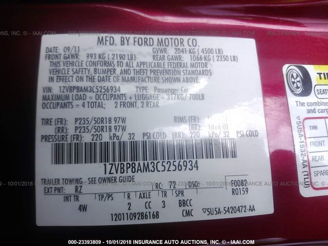 1ZVBP8AM3C5256934 - 2012 FORD MUSTANG Qırmızı foto 9