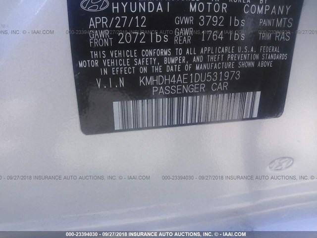 KMHDH4AE1DU531973 - 2013 HYUNDAI ELANTRA GLS/LIMITED SILVER photo 9