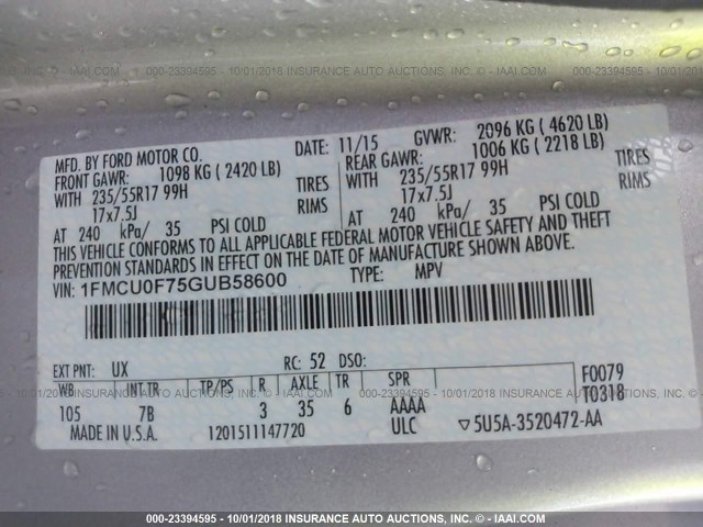 1FMCU0F75GUB58600 - 2016 FORD ESCAPE S SILVER photo 9