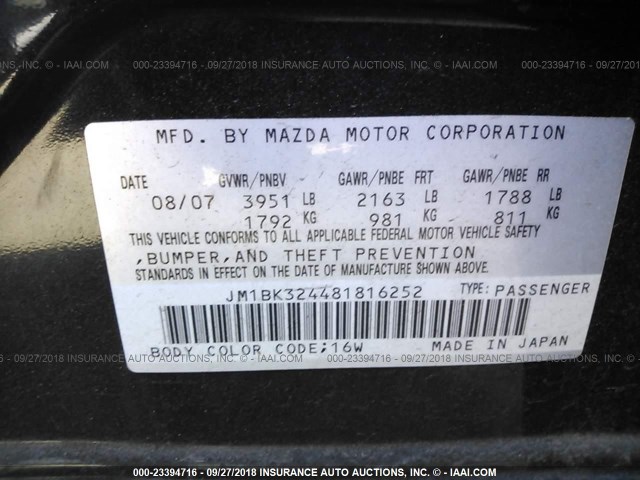 JM1BK324481816252 - 2008 MAZDA 3 S BLACK photo 9