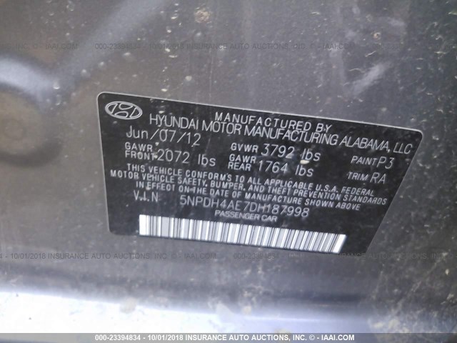 5NPDH4AE7DH187998 - 2013 HYUNDAI ELANTRA GLS/LIMITED GRAY photo 9