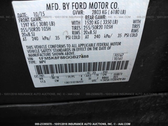 1FM5K8F88GGB27488 - 2016 FORD EXPLORER LIMITED GRAY photo 9