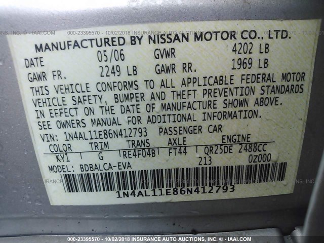 1N4AL11E86N412793 - 2006 NISSAN ALTIMA S/SL SILVER photo 9