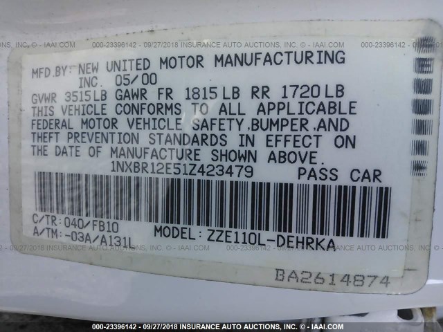 1NXBR12E51Z423479 - 2001 TOYOTA COROLLA CE/LE/S WHITE photo 9