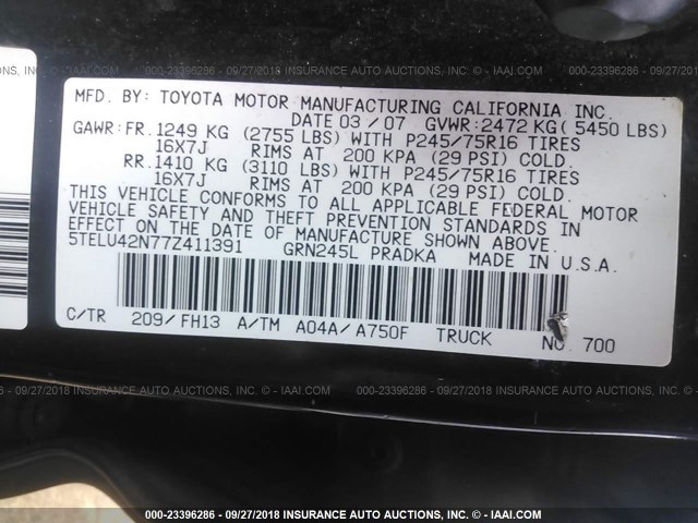 5TELU42N77Z411391 - 2007 TOYOTA TACOMA DOUBLE CAB 蓝色 照片 9