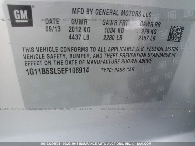 1G11B5SL5EF106914 - 2014 CHEVROLET MALIBU LS 银色 照片 9