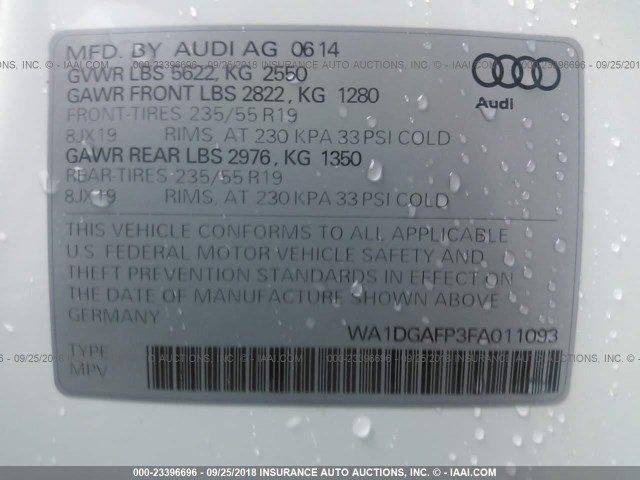 WA1DGAFP3FA011093 - 2015 AUDI Q5 PREMIUM PLUS WHITE photo 9