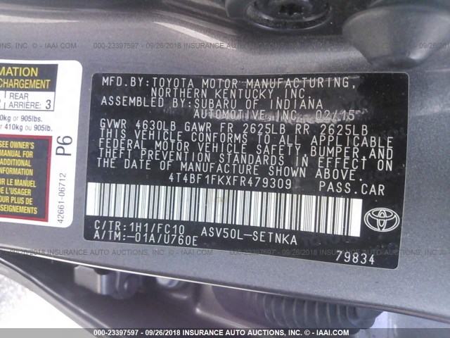 4T4BF1FKXFR479309 - 2015 TOYOTA CAMRY LE/XLE/SE/XSE GRAY photo 9