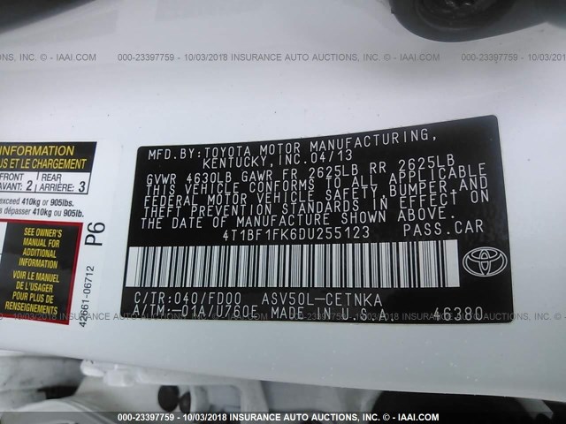 4T1BF1FK6DU255123 - 2013 TOYOTA CAMRY L/SE/LE/XLE WHITE photo 9