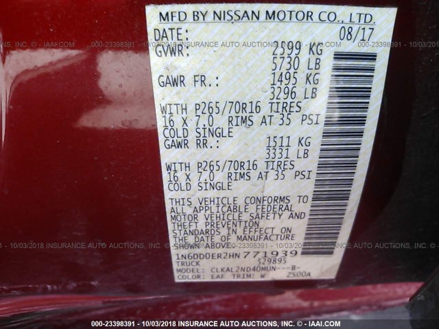 1N6DD0ER2HN771939 - 2017 NISSAN FRONTIER S/SV/SL/PRO-4X RED photo 9