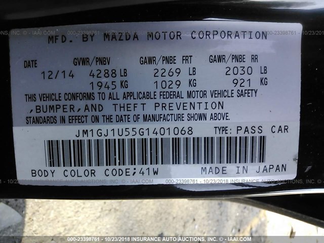 JM1GJ1U55G1401068 - 2016 MAZDA 6 SPORT BLACK photo 9